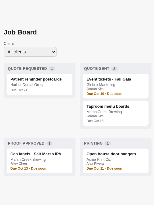 The VariFlow job board, with job cards for each print job grouped by stage, such as Quote Requested, Quote Sent, Proof Approved and Printing, each showing the client and due date
