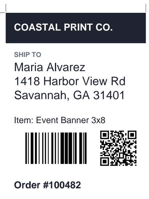 A printed VariPose label with a customer's name and address, a barcode, a QR code and an order number, with cut marks at the corners