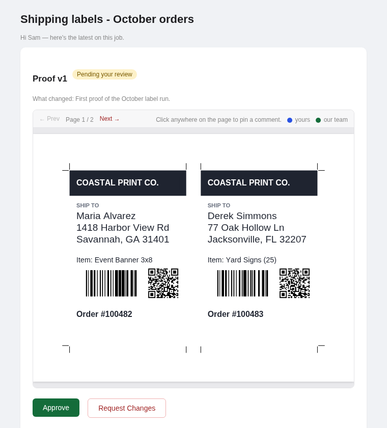 The client proof review page in VariFlow, showing a label proof with Approve and Request Changes buttons and a note that clients can click anywhere on the page to pin a comment.