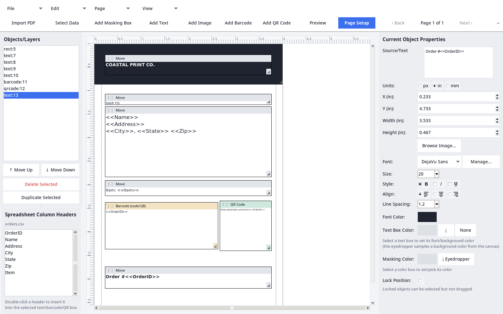 The VariPose editor with a shipping label template, merge fields, a barcode and a QR code