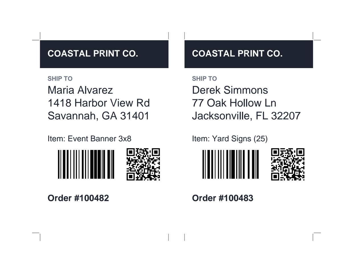A printed Letter sheet with two shipping labels side by side, each with a different customer's name, address, item, barcode and QR code, and cut marks at the corners.